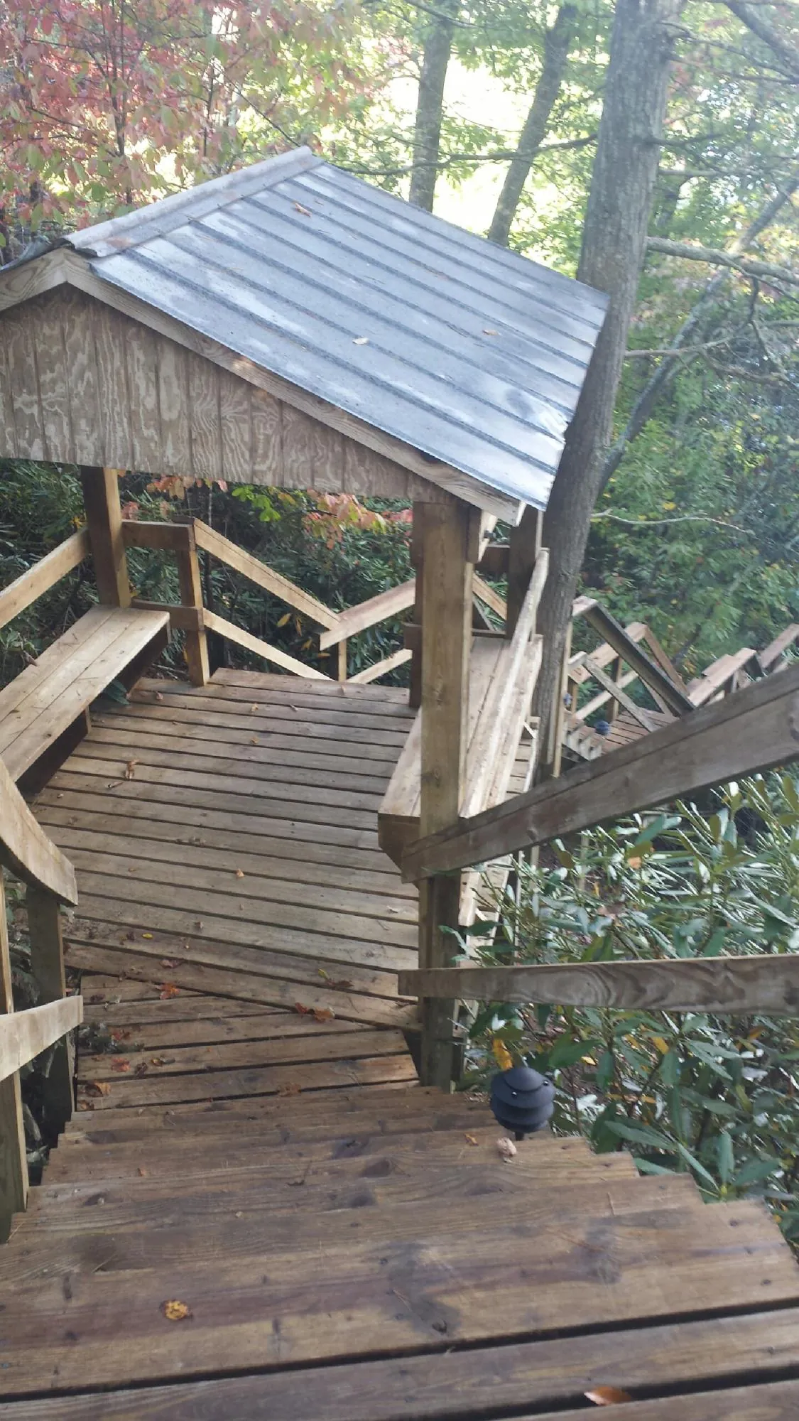 Metal roofed shelter over wooden steps on a wooded walkway — Skylight Repair & Installation work by our crew in Sixes